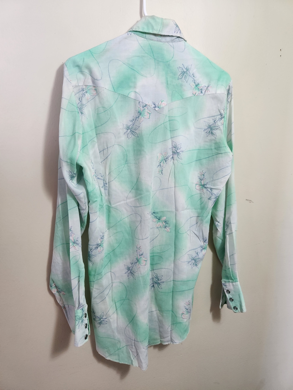 Men's Vintage 1970s Mint Floral Western Button-Up Shirt M Medium 15/34 - Picture 4 of 4
